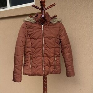 Glam Brown Puffer Jacket with Faux Fur